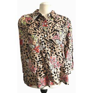 Vintage Studio Works Linen Cheetah Print Floral Button Down Shirt Sz Large Women